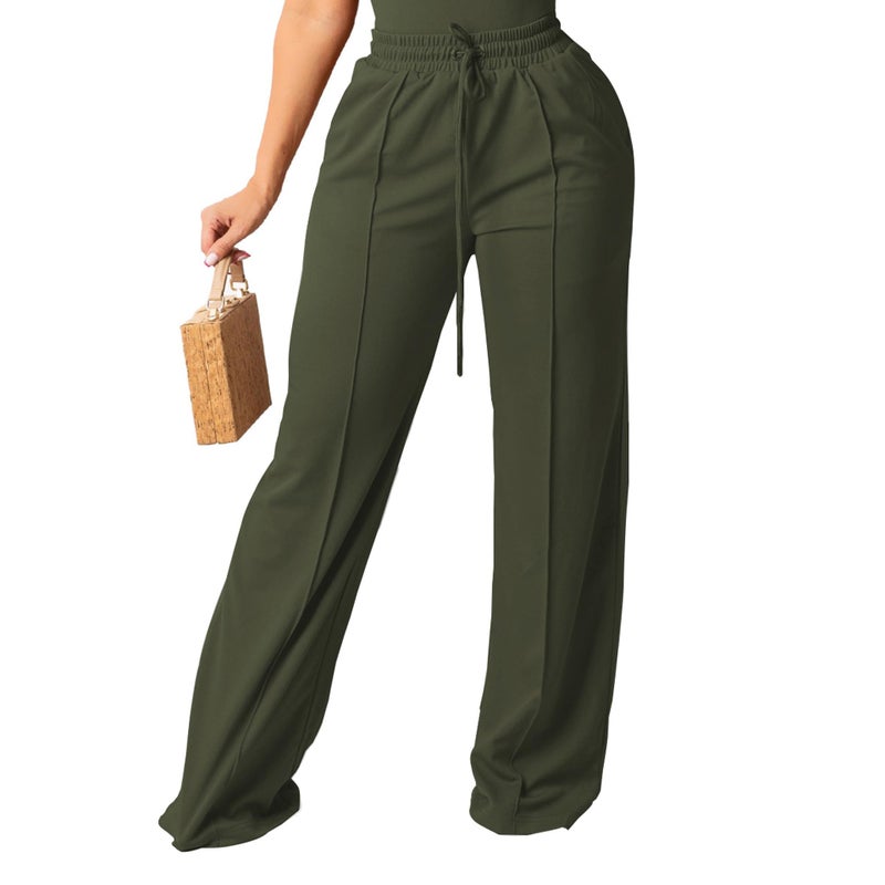 PINSV Women's Casual Wide Leg Pants High Waisted Drawstring Baggy Sweatpants Elastic Straight Leg Lounge Pants Army Green XXL - Image 1