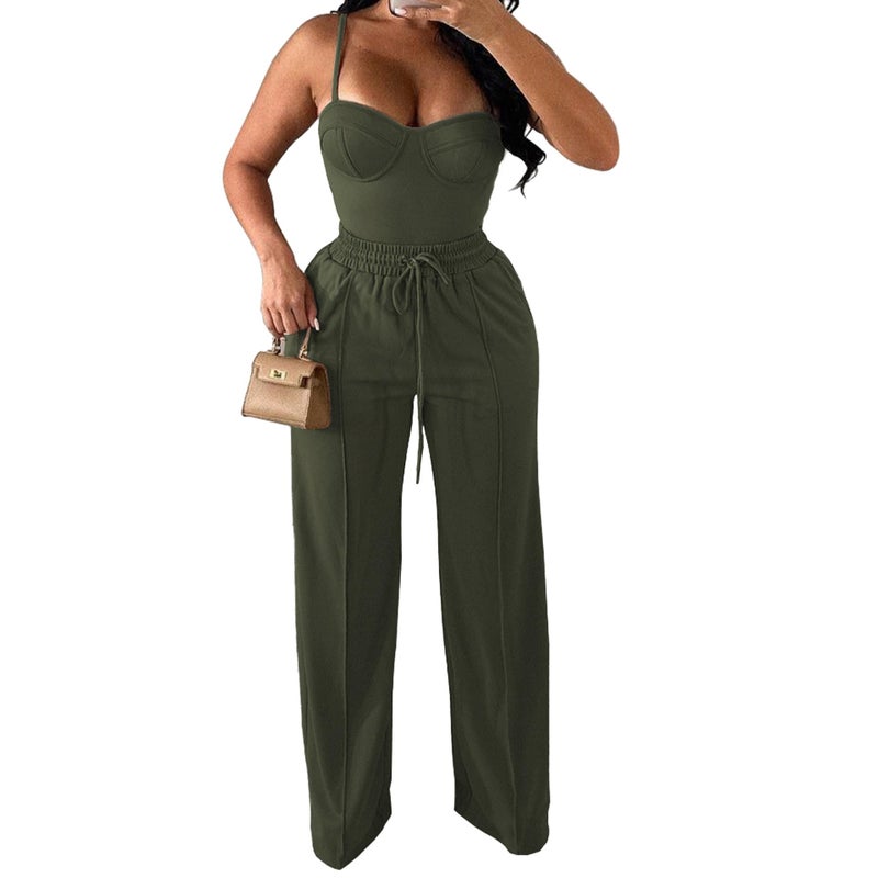 PINSV Women's Casual Wide Leg Pants High Waisted Drawstring Baggy Sweatpants Elastic Straight Leg Lounge Pants Army Green XXL - Image 4