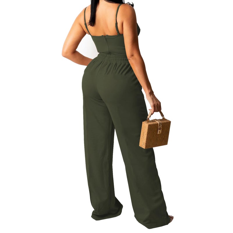 PINSV Women's Casual Wide Leg Pants High Waisted Drawstring Baggy Sweatpants Elastic Straight Leg Lounge Pants Army Green XXL - Image 3