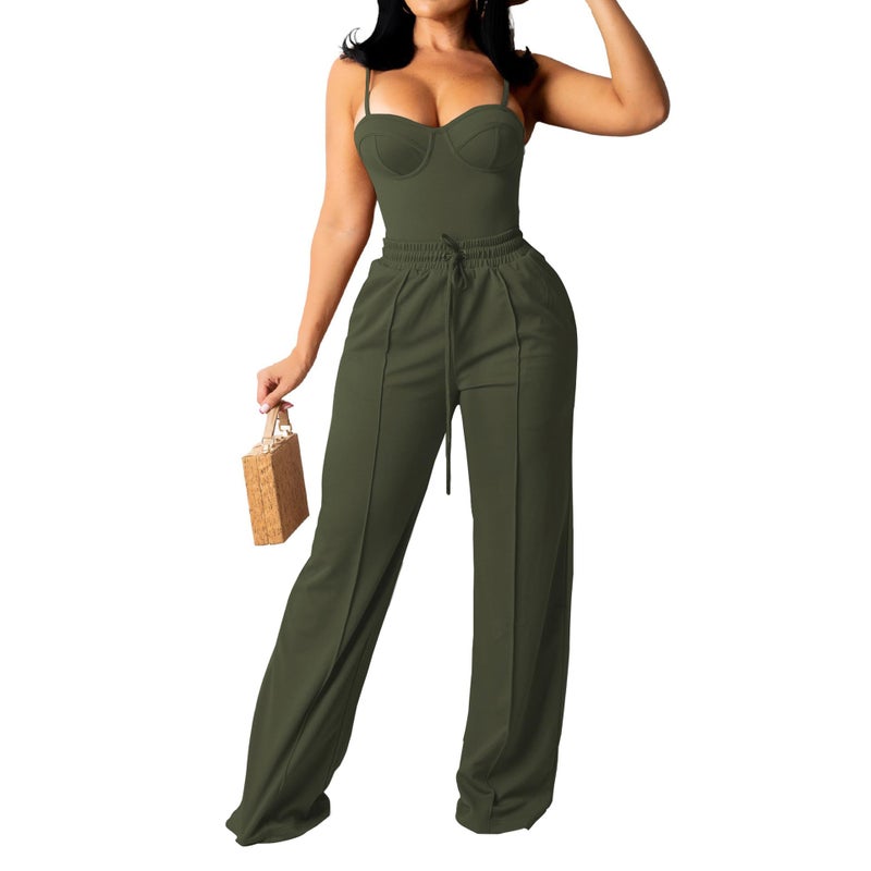PINSV Women's Casual Wide Leg Pants High Waisted Drawstring Baggy Sweatpants Elastic Straight Leg Lounge Pants Army Green XXL - Image 2