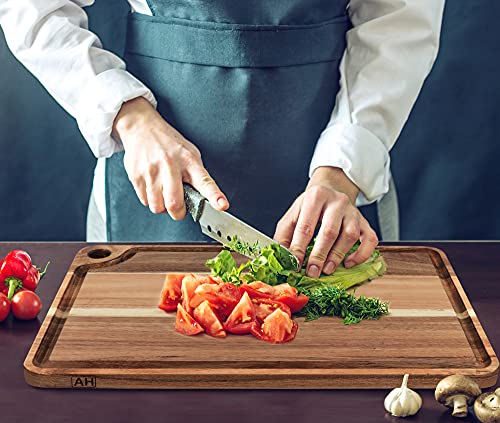 AZRHOM Large Acacia Wood Cutting Board for Kitchen, Butcher Block for Meat and Cheese, Chopping Board with Hanging Hole and Groove 18x12 Inch - Image 3