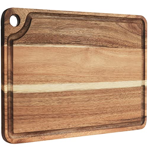 AZRHOM Large Acacia Wood Cutting Board for Kitchen, Butcher Block for Meat and Cheese, Chopping Board with Hanging Hole and Groove 18x12 Inch - Image 1