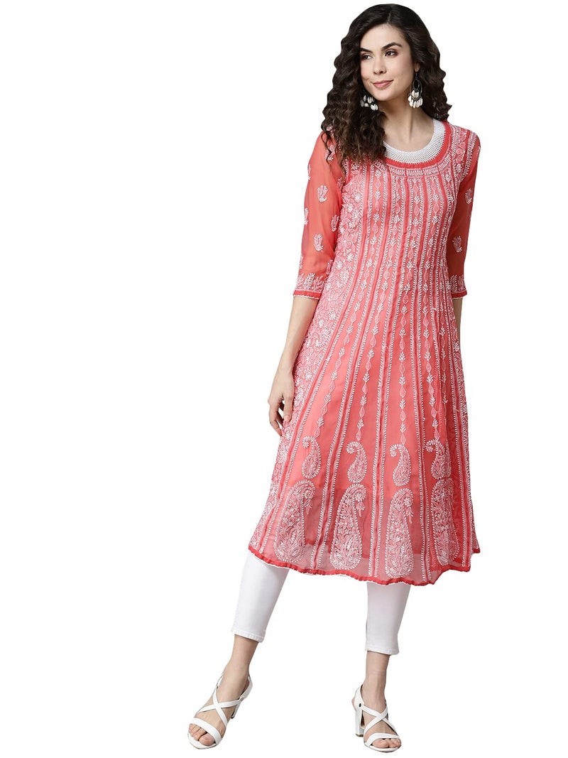 Ada Handmade Lucknow Chikankari Georgette Anarkali Kurti Kurta for Women & Girls A411207 (2XL,Brick Red) - Image 1
