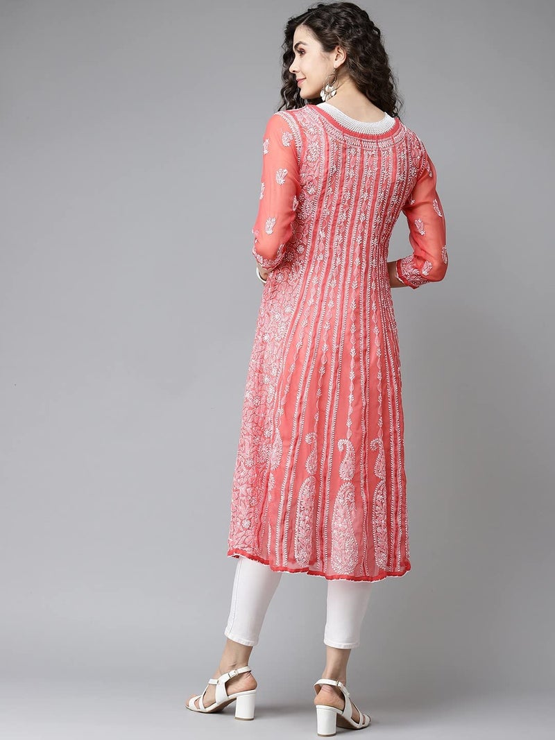 Ada Handmade Lucknow Chikankari Georgette Anarkali Kurti Kurta for Women & Girls A411207 (2XL,Brick Red) - Image 2