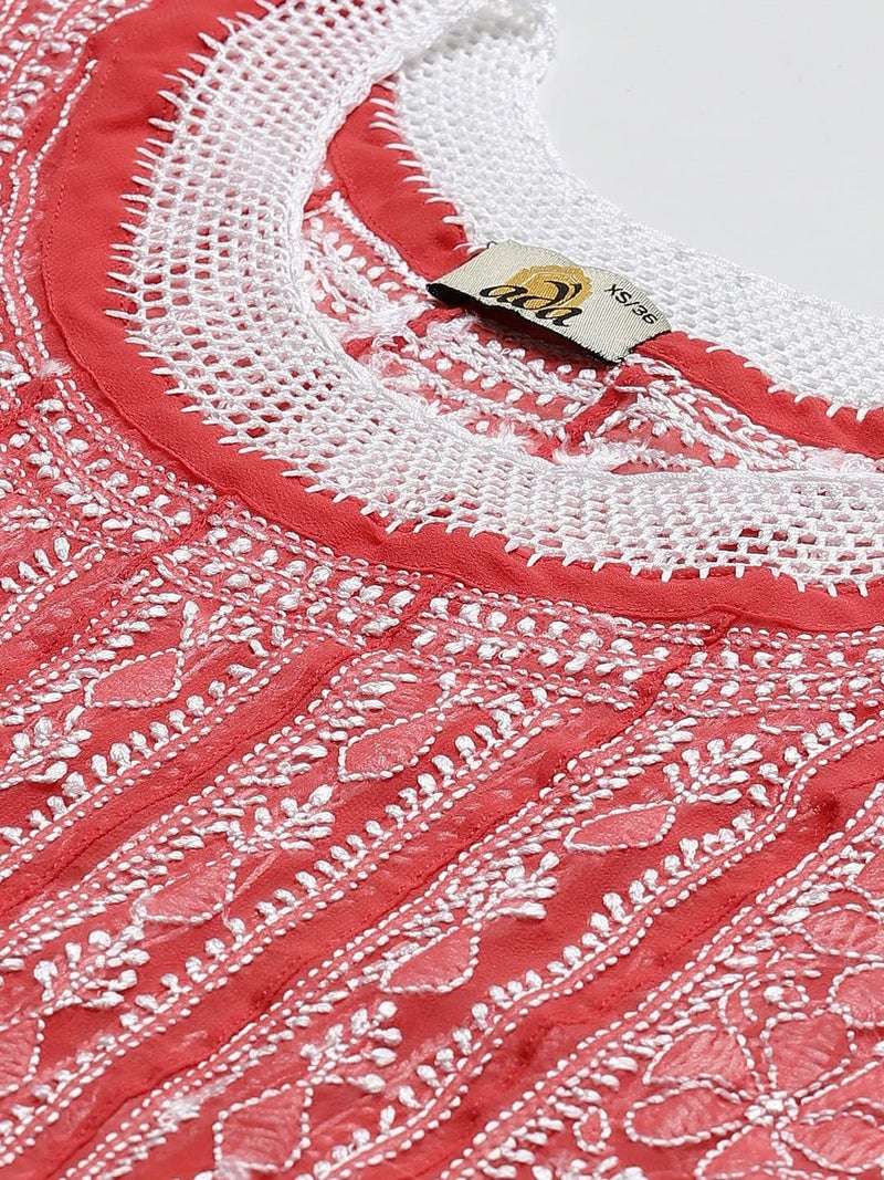 Ada Handmade Lucknow Chikankari Georgette Anarkali Kurti Kurta for Women & Girls A411207 (2XL,Brick Red) - Image 5