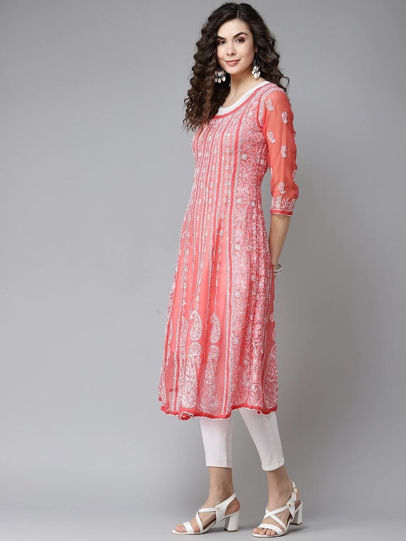 Ada Handmade Lucknow Chikankari Georgette Anarkali Kurti Kurta for Women & Girls A411207 (2XL,Brick Red) - Image 4