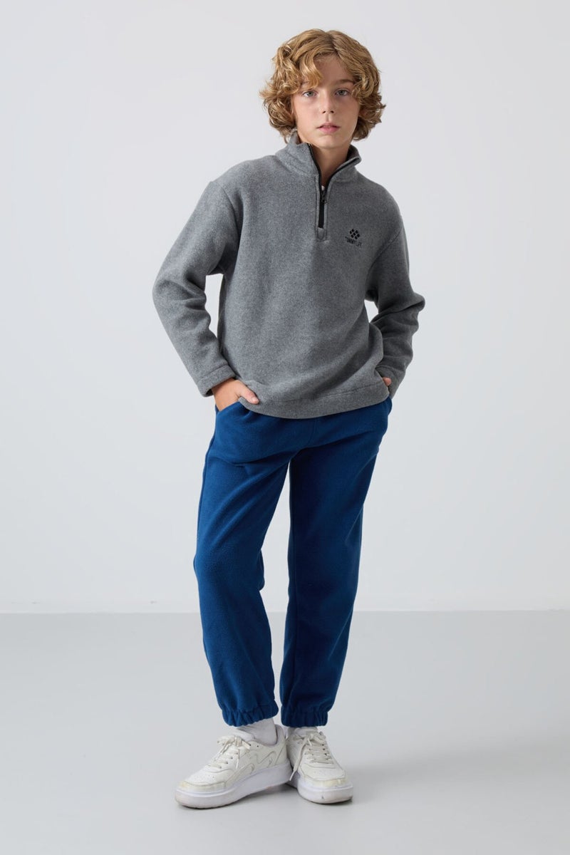 Tommy Life Gray Melange Thick Soft Texture Standard Fit Embroidered Polar Fleece Boy's Sweatshirt - 11221  - Image 2
