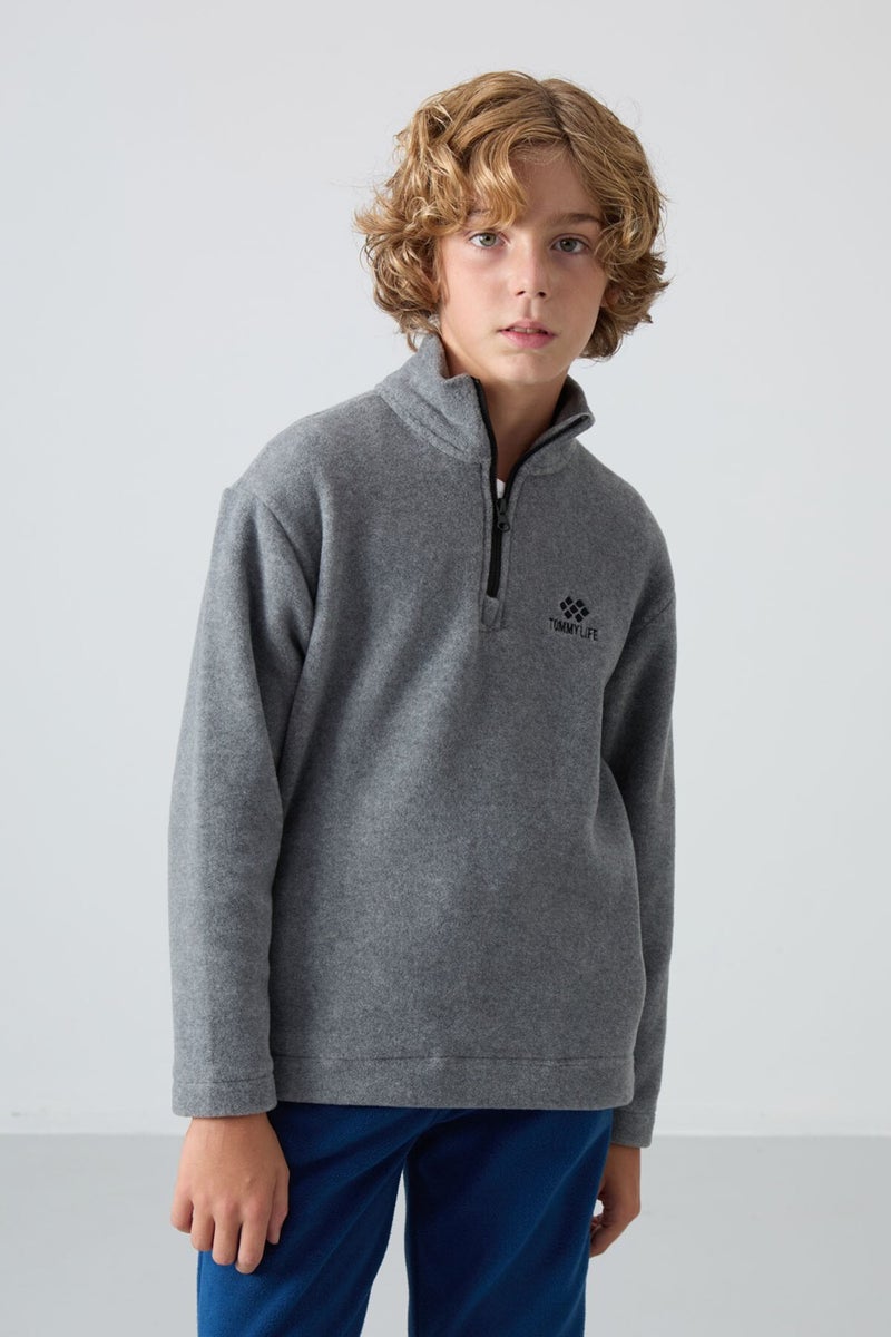 Tommy Life Gray Melange Thick Soft Texture Standard Fit Embroidered Polar Fleece Boy's Sweatshirt - 11221  - Image 4