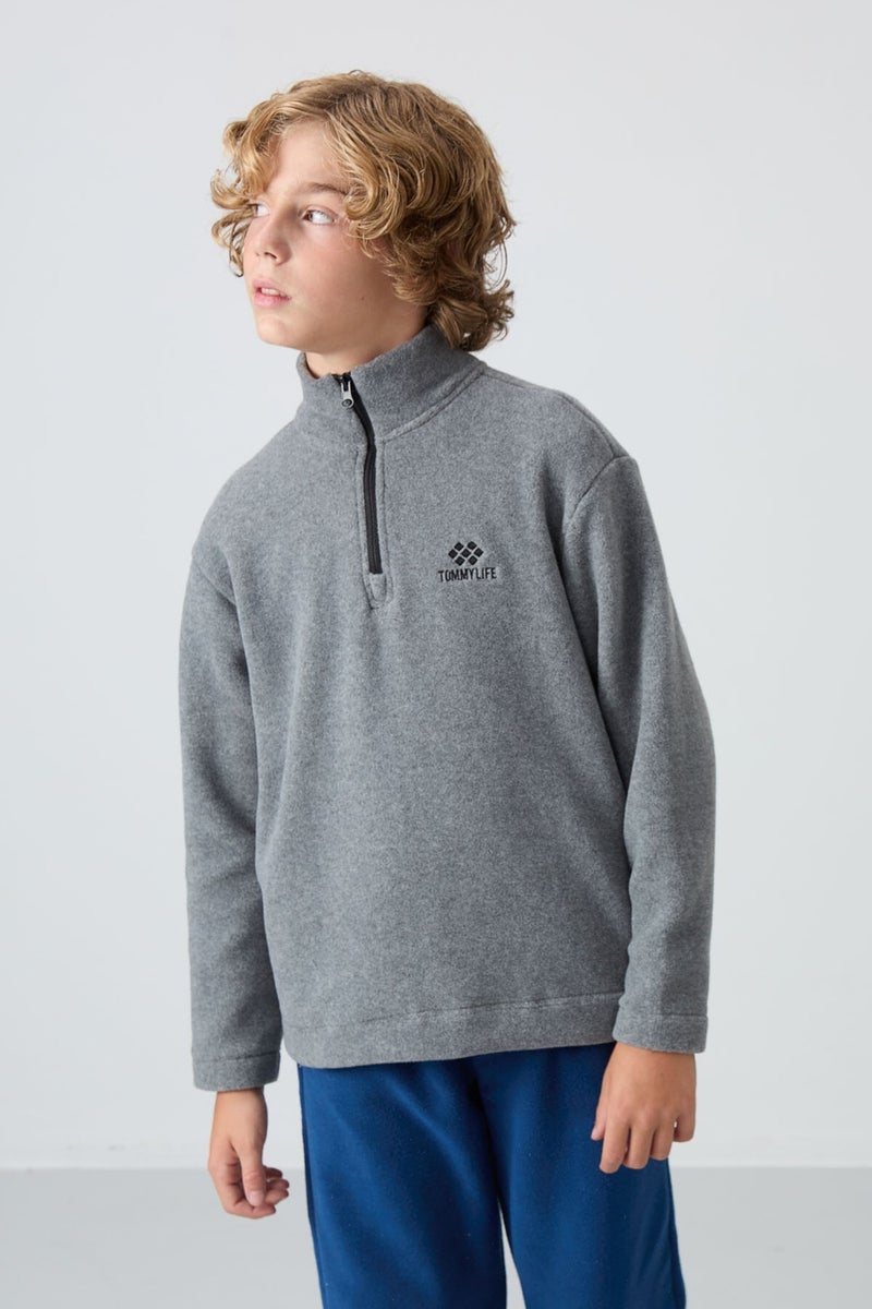 Tommy Life Gray Melange Thick Soft Texture Standard Fit Embroidered Polar Fleece Boy's Sweatshirt - 11221  - Image 1