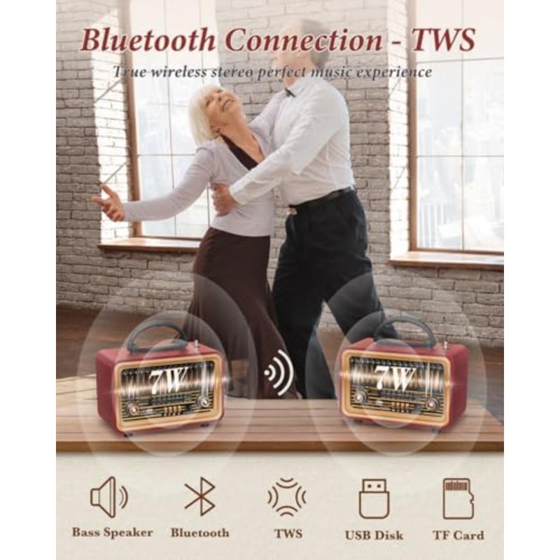 Retro Vintage Radio with Bluetooth Rich Bass Stereo Sound, Radios Portable AM FM, Rechargeable Speaker with TWS Pairing, Loud Volume, BT5.0, TF Card and MP3 Player for Home/Party - Image 2