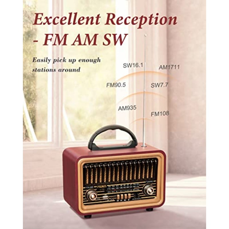 Retro Vintage Radio with Bluetooth Rich Bass Stereo Sound, Radios Portable AM FM, Rechargeable Speaker with TWS Pairing, Loud Volume, BT5.0, TF Card and MP3 Player for Home/Party - Image 5