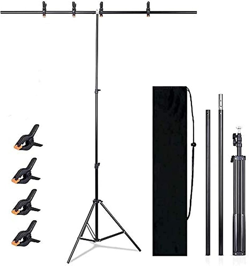 PADOM T-Shape Portable Background Backdrop Support Stand Kit 5ft (150cm) Wide 7ft(200cm) Tall Adjustable Photo Backdrop Stand with 4 Spring Clamps - Image 1
