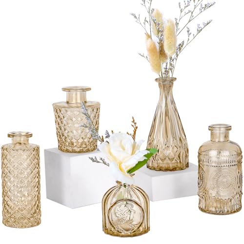 TBWIND Glass Bud Vase Set of 5, Small Amber Flower Vases for Centerpieces in Bulk, Mini Vintage Vase for Wedding Decor, Single Flowers, and Home Table Décor - Image 1