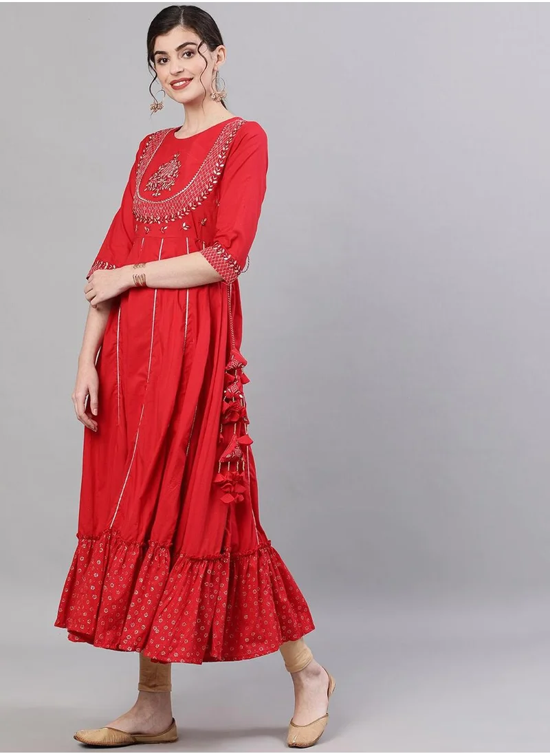 آي شين Regular Fit Embellished Pattern Round Neck Neck Three-Quarter Sleeve Red Colour Knitted Cotton Kurtas for Women - A Statement Piece for Every Look