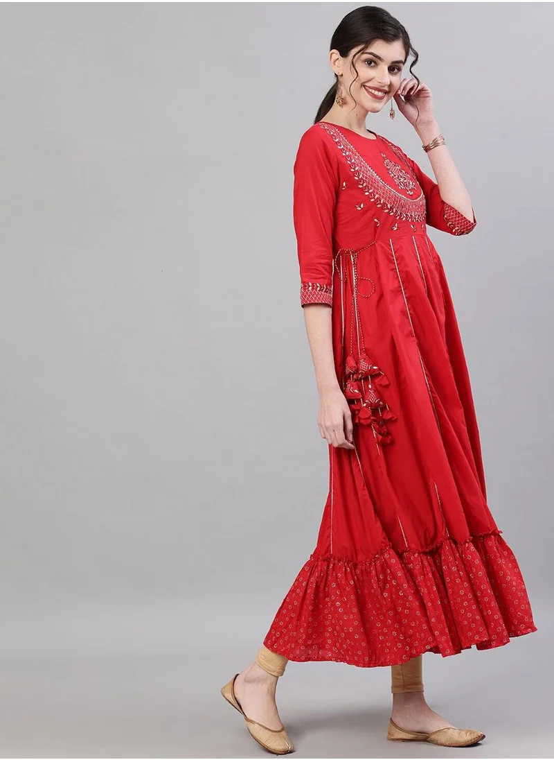 آي شين Regular Fit Embellished Pattern Round Neck Neck Three-Quarter Sleeve Red Colour Knitted Cotton Kurtas for Women - A Statement Piece for Every Look