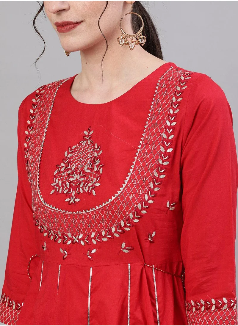 ISHIN Regular Fit Embellished Pattern Round Neck Neck Three-Quarter Sleeve Red Colour Knitted Cotton Kurtas for Women - A Statement Piece for Every Look