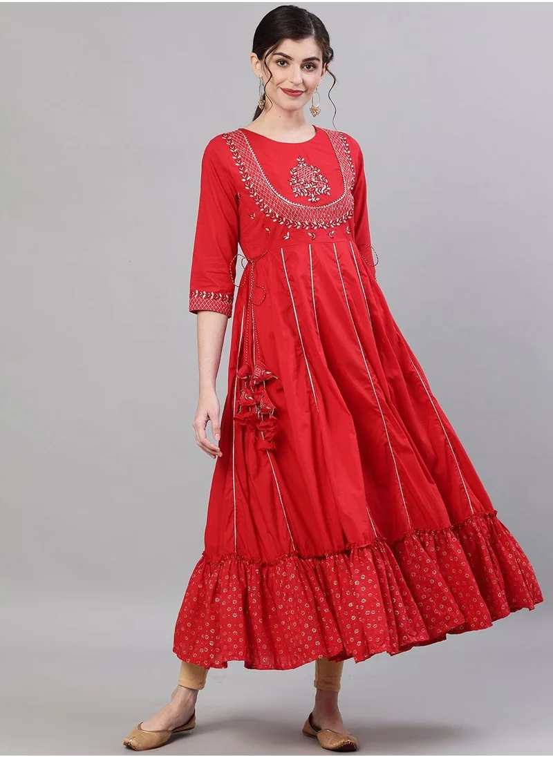 ISHIN Regular Fit Embellished Pattern Round Neck Neck Three-Quarter Sleeve Red Colour Knitted Cotton Kurtas for Women - A Statement Piece for Every Look