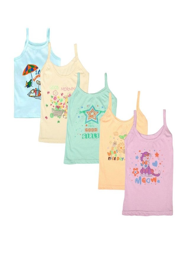 FASHFLOW Pure Cotton Multicolor Cartoon Print Camisoles Vest Slip Samij Sando for Kids Baby Girls Combo Pack of 5. (18-24 Months) Multicolour - Image 1