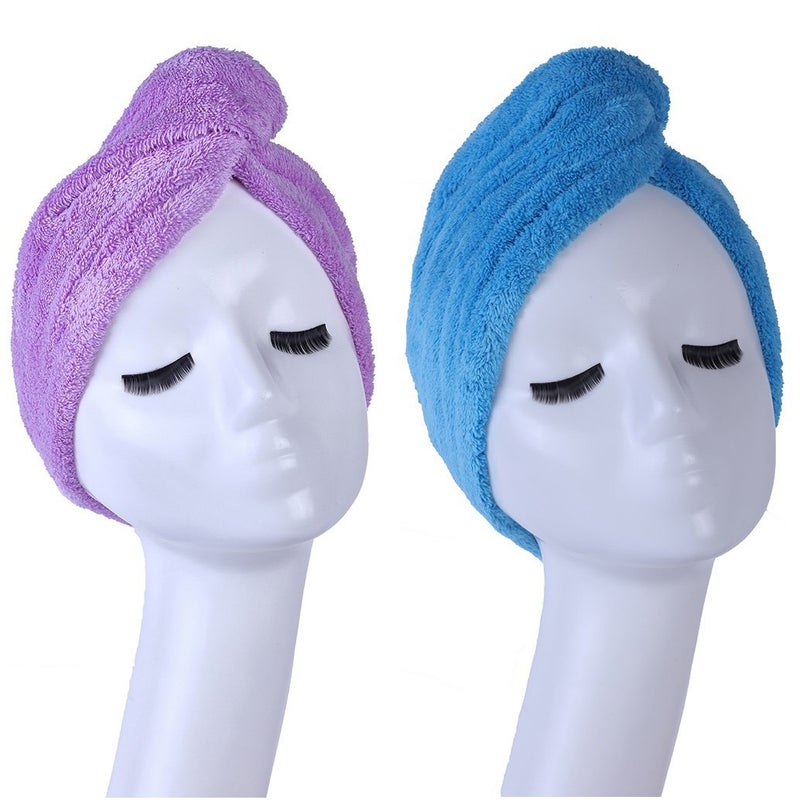 YYXR Microfiber Hair Turban Towel Wrap  Super Absorbent Drastically Reduce Hair Drying Time2 pack puple  blue
