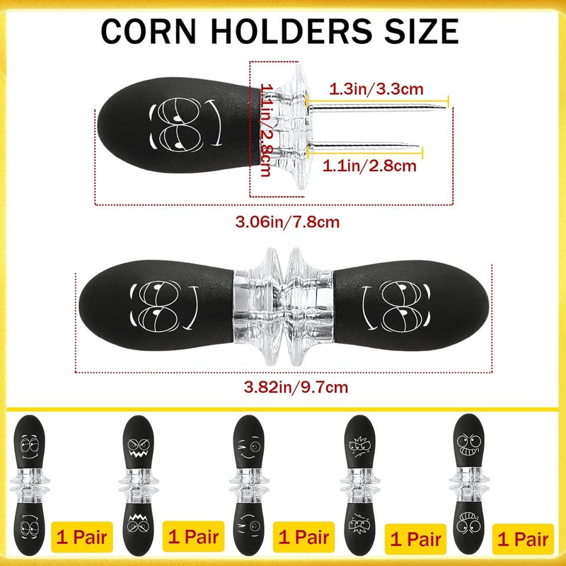 Augsun Corn Holders, 10Pcs/5 Pairs Corn Cob Holders Sets, Funny Faces Stainless Steel Corn on The Cob Holders BBQ Fork Skewers for Home Cooking Parties Camping, Black - Image 2