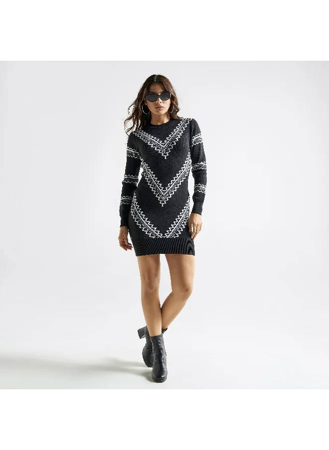 FAV Textured Bodycon Dress with Long Sleeves