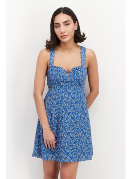 Women Floral Print Mini Dress, Blue