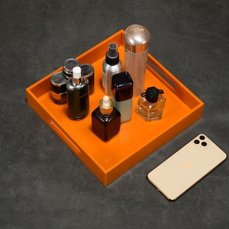KEVLANG Orange Sturdy Acrylic Serving Tray with Handles-10x10Inch-Serving Coffee,Food,Breakfast,Butler-Kitchen Countertop Tray-Makeup Drawer Organizer-Vanity Table,Ottoman Tray-Decorative Tray - Image 5