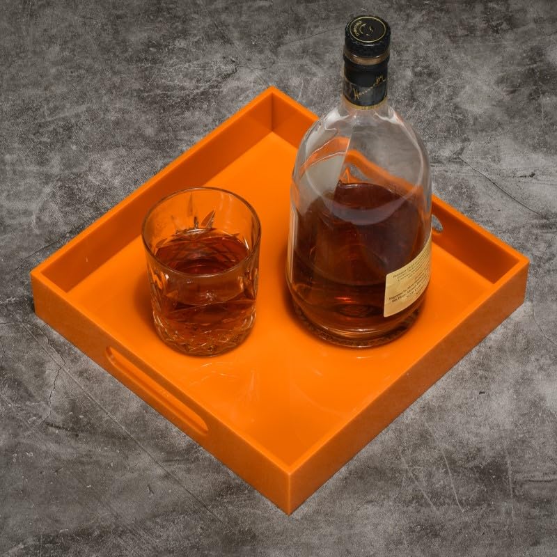 KEVLANG Orange Sturdy Acrylic Serving Tray with Handles-10x10Inch-Serving Coffee,Food,Breakfast,Butler-Kitchen Countertop Tray-Makeup Drawer Organizer-Vanity Table,Ottoman Tray-Decorative Tray - Image 3