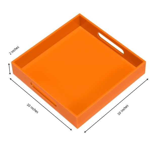 KEVLANG Orange Sturdy Acrylic Serving Tray with Handles-10x10Inch-Serving Coffee,Food,Breakfast,Butler-Kitchen Countertop Tray-Makeup Drawer Organizer-Vanity Table,Ottoman Tray-Decorative Tray - Image 2