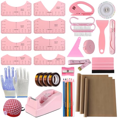 XEUZK Sublimation Shirts Tool Pink Kit With 8T Shirt rulers 3Pack Teflon Sheet for Heat Press 12 x 16in Heat Resistant Gloves Silicone Bumps 4Rolls Heat Resistant Tape Tape Dispenser Sublimation - Image 1