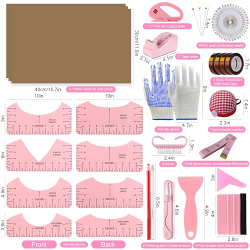 XEUZK Sublimation Shirts Tool Pink Kit With 8T Shirt rulers 3Pack Teflon Sheet for Heat Press 12 x 16in Heat Resistant Gloves Silicone Bumps 4Rolls Heat Resistant Tape Tape Dispenser Sublimation - Image 3