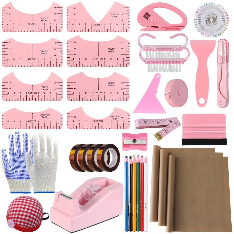 XEUZK Sublimation Shirts Tool Pink Kit With 8T Shirt rulers 3Pack Teflon Sheet for Heat Press 12 x 16in Heat Resistant Gloves Silicone Bumps 4Rolls Heat Resistant Tape Tape Dispenser Sublimation - Image 2