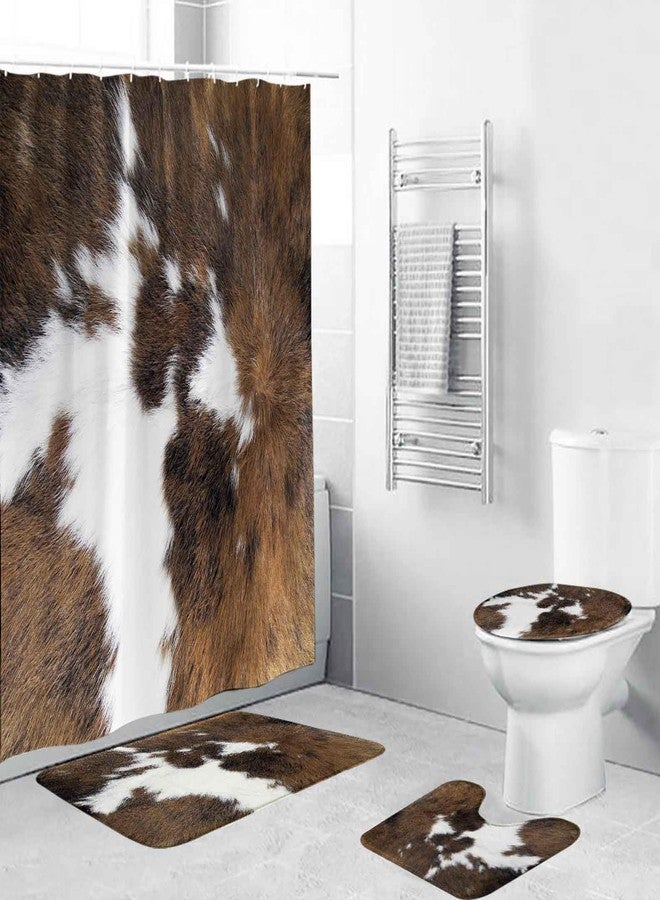 TOMWISH Western Bathroom Shower Curtain Set,Cowhide Print Bathroom Rug Shower Curtain Toilet Lid Cover and Bath Mat Farmhouse Brown Animal Print Bath Accessories Décor with 12pcs Hooks - Image 1