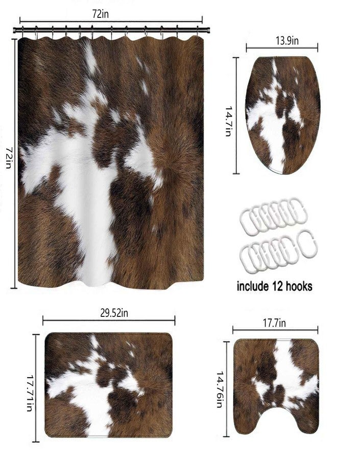 TOMWISH Western Bathroom Shower Curtain Set,Cowhide Print Bathroom Rug Shower Curtain Toilet Lid Cover and Bath Mat Farmhouse Brown Animal Print Bath Accessories Décor with 12pcs Hooks - Image 2