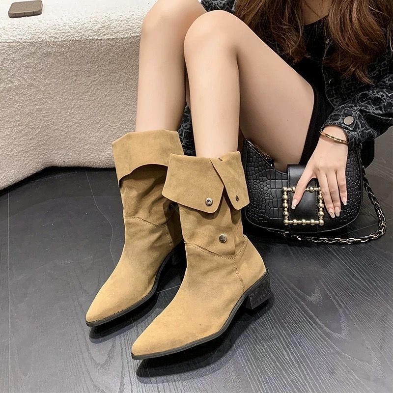 Pointed Toe Pile Boots Women'S Thick Heel Western Cowboy Boots New Spring Autumn Summer Single Boots Mid-Calf High Heel Short Boots - Image 4