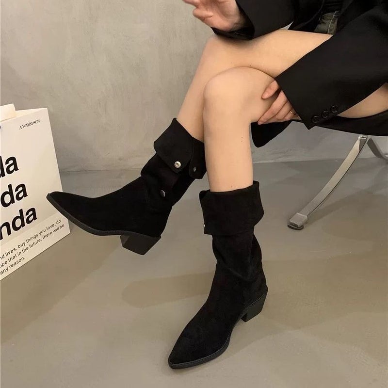 Pointed Toe Pile Boots Women'S Thick Heel Western Cowboy Boots New Spring Autumn Summer Single Boots Mid-Calf High Heel Short Boots - Image 1