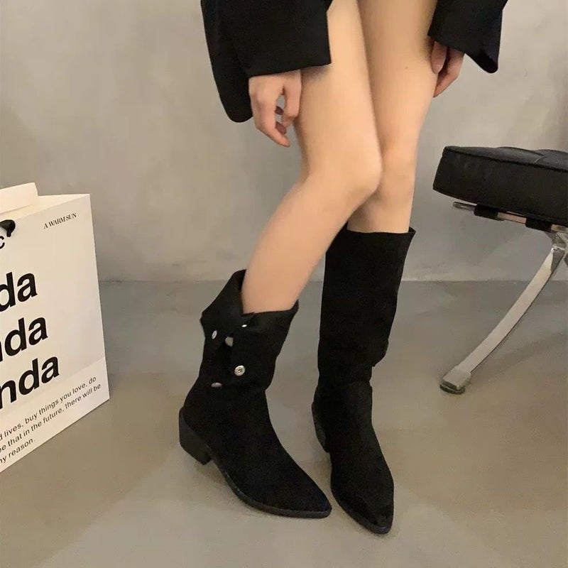 Pointed Toe Pile Boots Women'S Thick Heel Western Cowboy Boots New Spring Autumn Summer Single Boots Mid-Calf High Heel Short Boots - Image 2