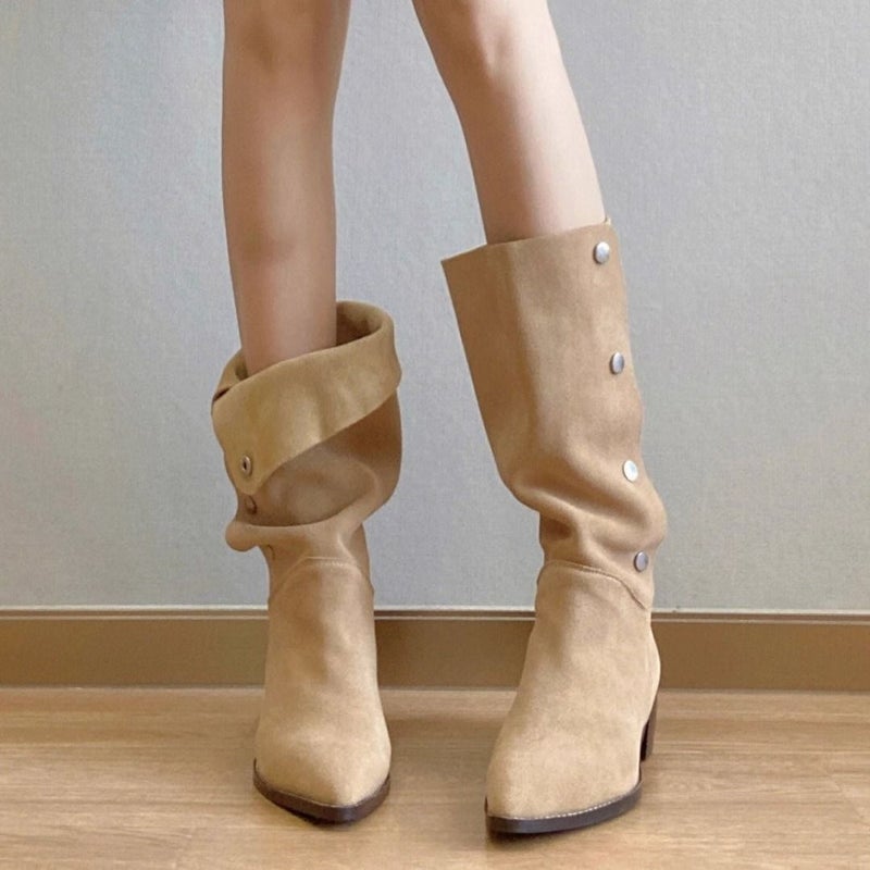 Pointed Toe Pile Boots Women'S Thick Heel Western Cowboy Boots New Spring Autumn Summer Single Boots Mid-Calf High Heel Short Boots - Image 3