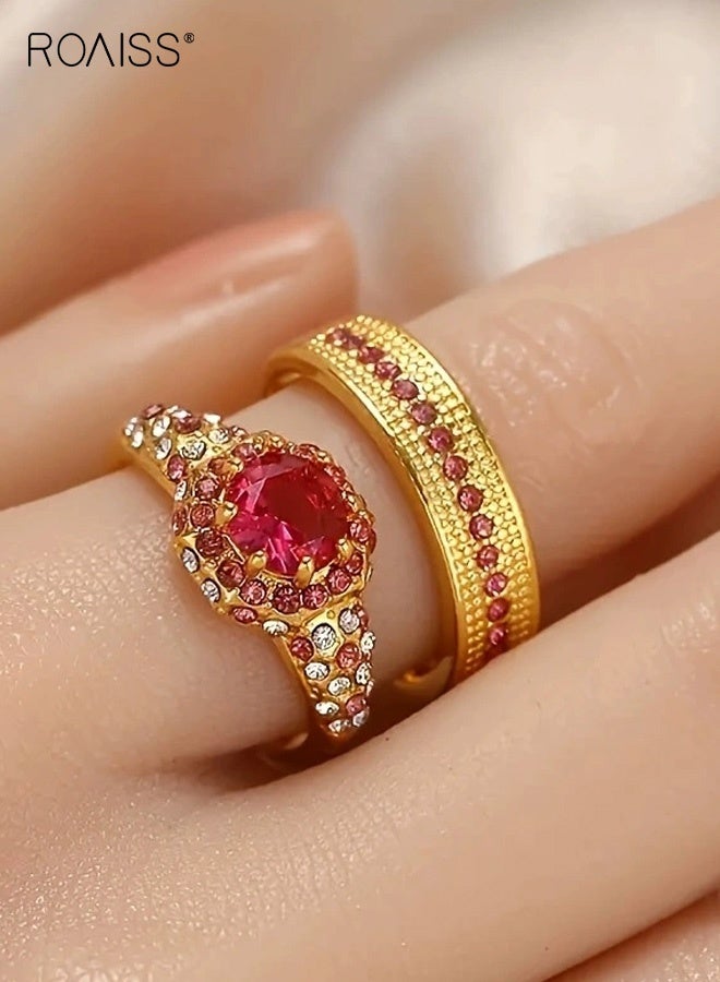 roaiss Diamond Inlaid Two Piece Jewelry Set Simple High End Fashion Women's Wedding Ring Set Pigeon Blood Red Love - Image 1