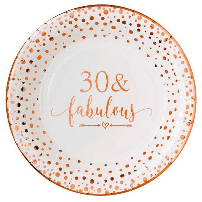 30 FABULOUS DISPOSABLE PLATES FOR WOMEN 30TH BIRTHDAY DECORATIONS ROSE GOLD DESSERT BUFFET CAKE DISPOSABLE PLATES 30TH BIRTHDAY PARTY TABLE SUPPLES 50 COUNT 9 INCHES