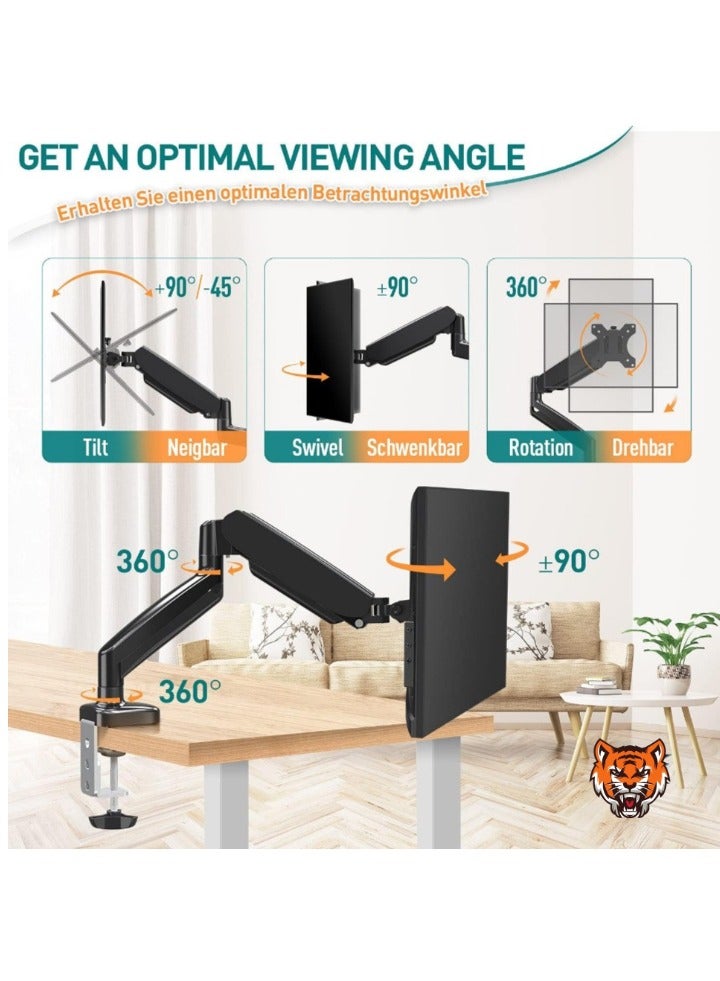TIGER Single Monitor Arm for 13-32 Inch Monitors – VESA 75x75/100x100mm, Supports up to 8KG, 360° Rotation Gas Spring Arm with C-Clamp and Grommet Base, Monitor Stand Mount  - Image 2