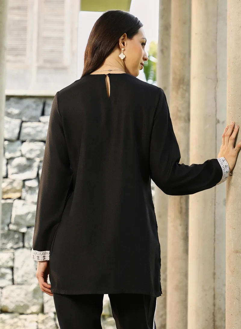 Qissa black Qissa Women's Onyx Black Schiffli-Block Kurta Set For Casual Wear | Round Neck | Long Regular Sleeves | 2 Piece Kurta Set Designed With Comfort Fit For Everyday Ethnic Wear for Women | Best Price UAE