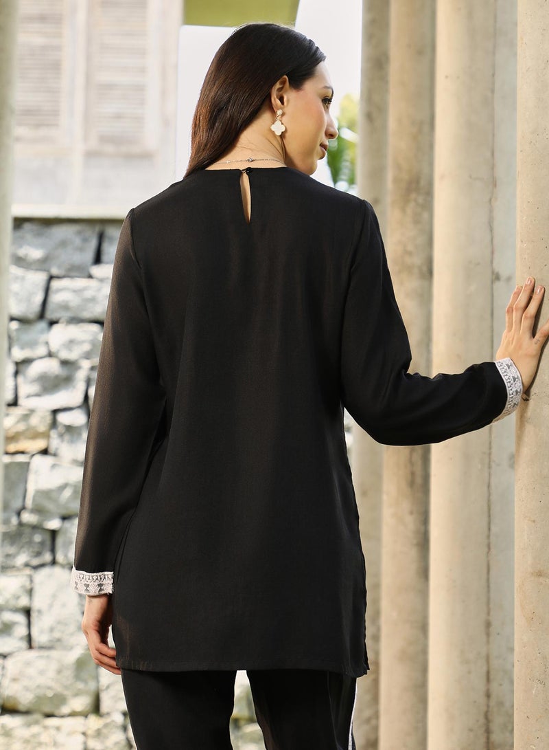 Qissa Women's Onyx Black Schiffli-Block Kurta Set For Casual Wear | Round Neck | Long Regular Sleeves | 2 Piece Kurta Set Designed With Comfort Fit For Everyday Ethnic Wear - Image 5