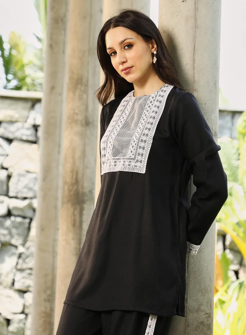 Qissa black Qissa Women's Onyx Black Schiffli-Block Kurta Set For Casual Wear | Round Neck | Long Regular Sleeves | 2 Piece Kurta Set Designed With Comfort Fit For Everyday Ethnic Wear for Women | Best Price UAE