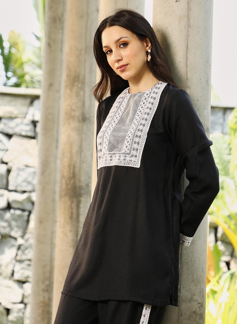 Qissa Women's Onyx Black Schiffli-Block Kurta Set For Casual Wear | Round Neck | Long Regular Sleeves | 2 Piece Kurta Set Designed With Comfort Fit For Everyday Ethnic Wear - Image 3