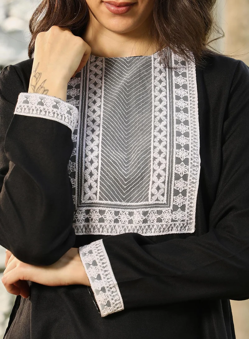 Qissa black Qissa Women's Onyx Black Schiffli-Block Kurta Set For Casual Wear | Round Neck | Long Regular Sleeves | 2 Piece Kurta Set Designed With Comfort Fit For Everyday Ethnic Wear for Women | Best Price UAE