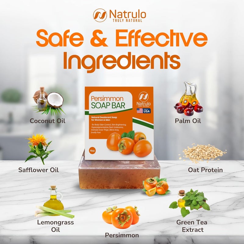 Natrulo Persimmon Soap Bar for Body Odor Control Purifying Deodorizing Body Wash with Japanese Persimmon Green Tea Extract for Eliminating Body Odor Deodorant Soap for Skin Cleansing - Image 5