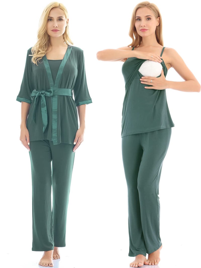 Bearsland Maternity Women's 3 Pieces Soft Nursing Pajamas Set Postpartum Sleepwear for Breastfeeding Green - Image 1