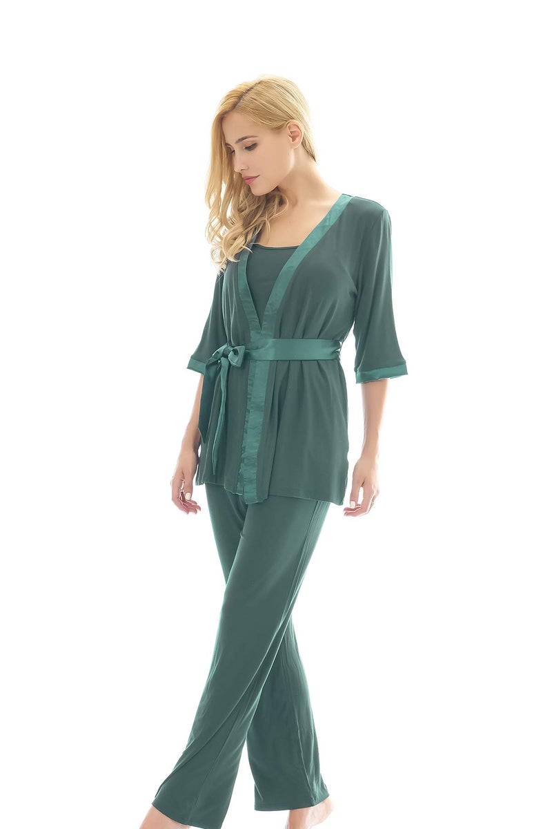 Bearsland Maternity Women's 3 Pieces Soft Nursing Pajamas Set Postpartum Sleepwear for Breastfeeding Green - Image 3