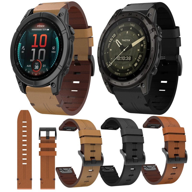 S-TOP For Garmin Tactix 7 AMOLED Leather Steel Buckle 26mm Watch Band(Light Brown) - Image 3